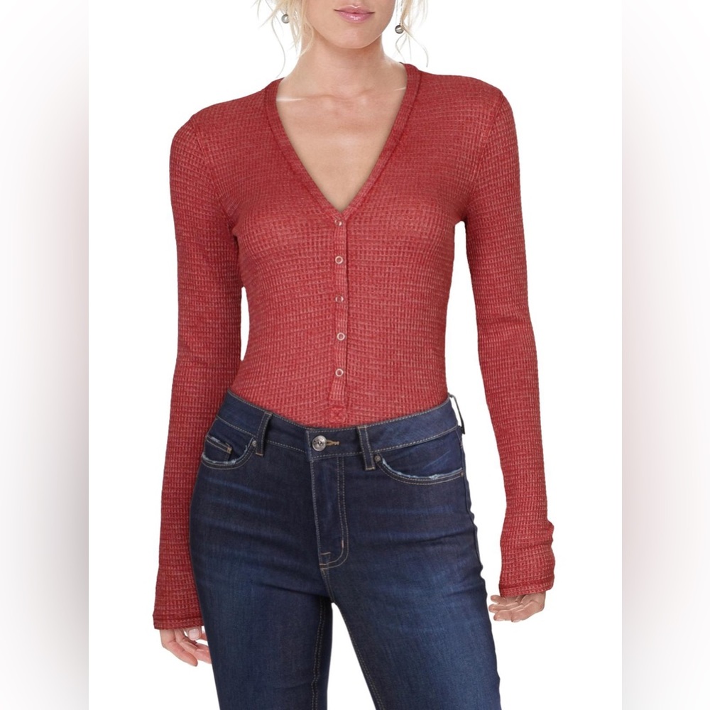 Free People Intimately Keep Your Cool Henley Waffle Knit Bodysuit XS Red